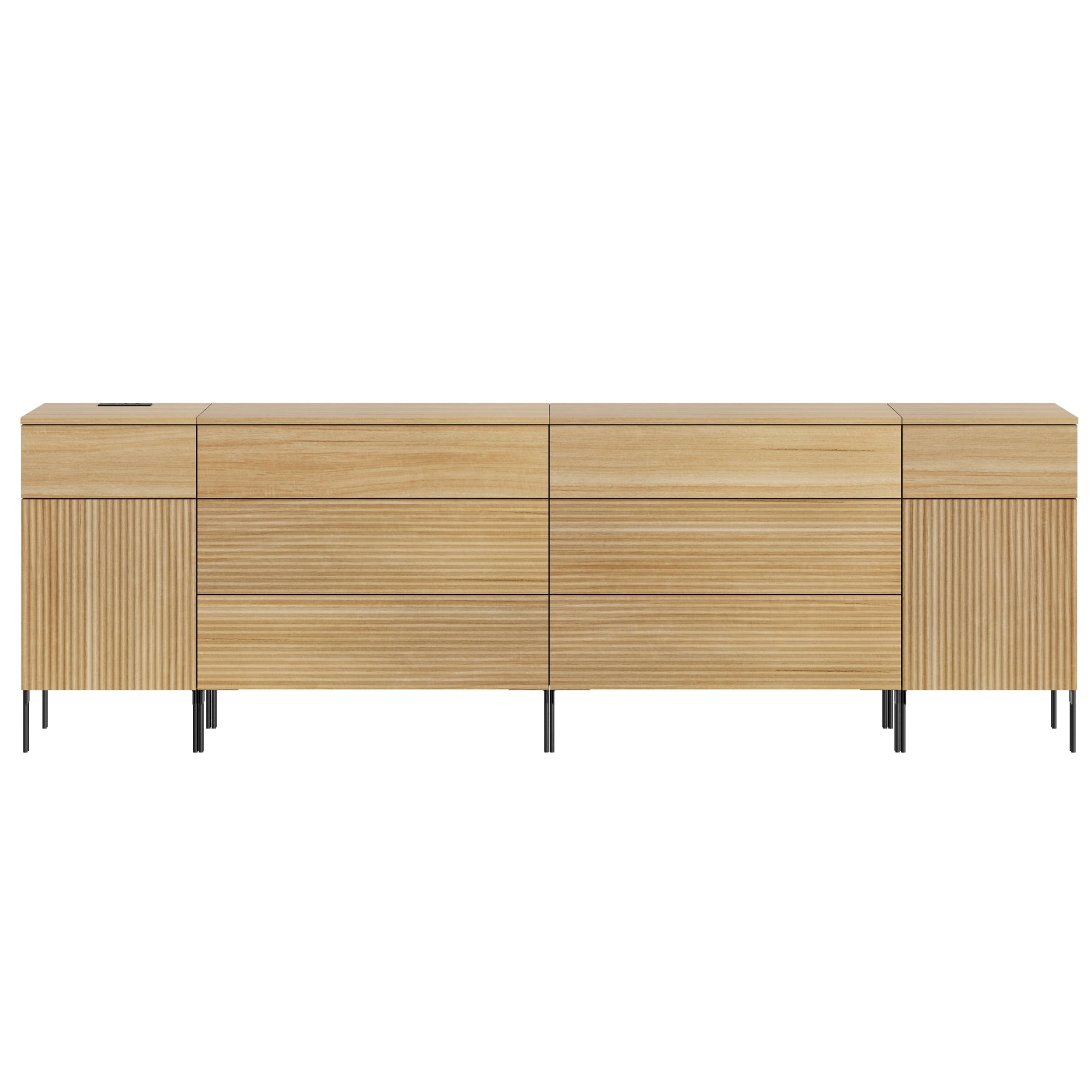 WAMPAT 94.5" Sideboard Cabinet with 7 Drawers and 2 Doors, Modern Fluted Credenza with Charging Station, Push-to-Open Storage Cabinet for Dining Room, Living Room