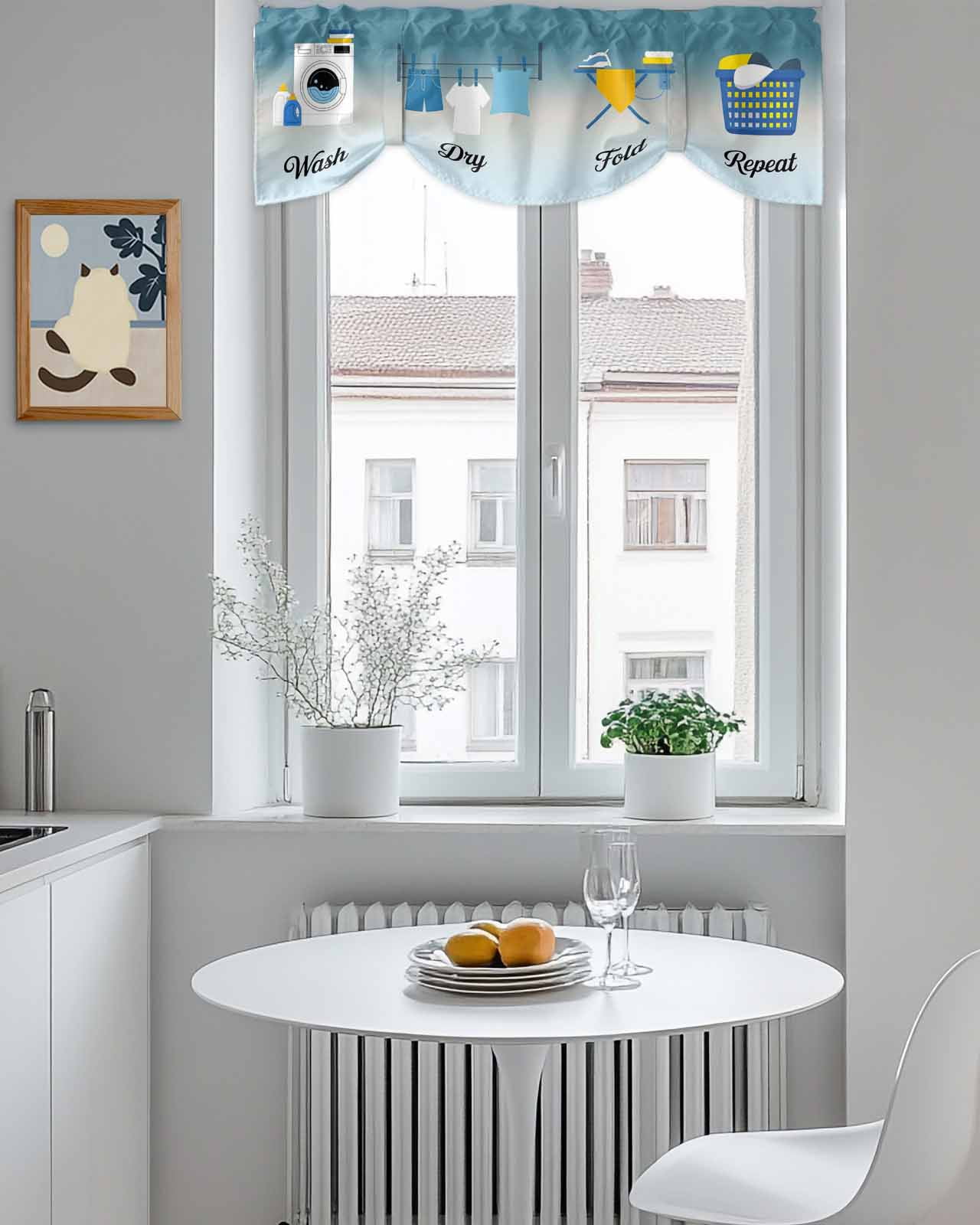 Wash Dry Fold Repeat Tie Up Valances Curtain, Laundry Clothes Gradient Blue Kitchen Valances for Windows Decor, Rod Pocket Short Curtains Set for Bedroom/Bathroom, 54"x18"