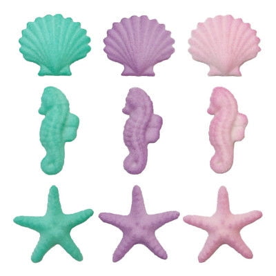 Yorkshire Tea Cakes - Shimmering Pink, Purple, Teal Seahorses, Starfish & Shells Sugar Edible Cake Cupcake Toppers - 12 Count - National Cake Supply