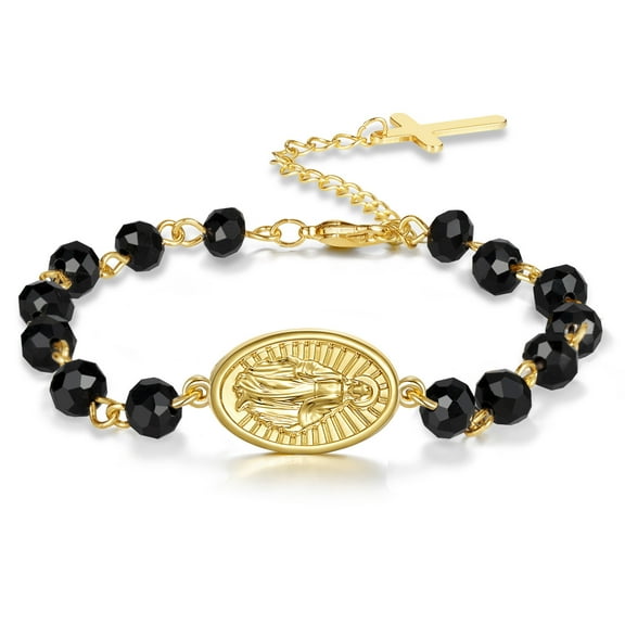 14K Yellow Gold Crystal Easter Bracelet Round Portrait Circular Beads Charm Bangle For Women Men Lucky Jewelry Trendy Link Chain Gift