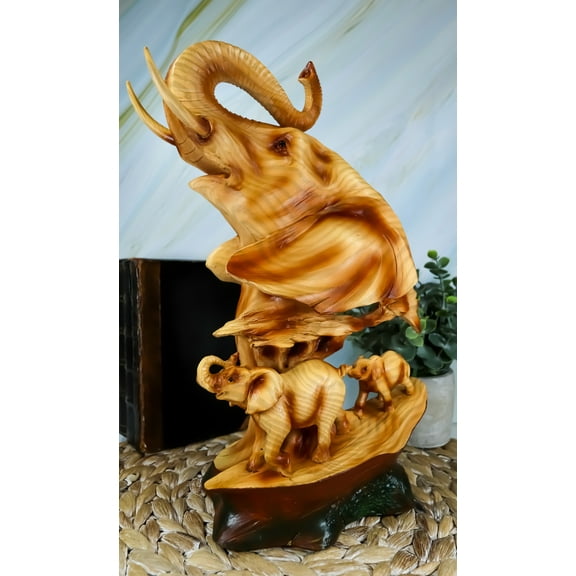 Ebros Wildlife Elephant Bust Statue 12"H Faux Wood Resin Elephant Family