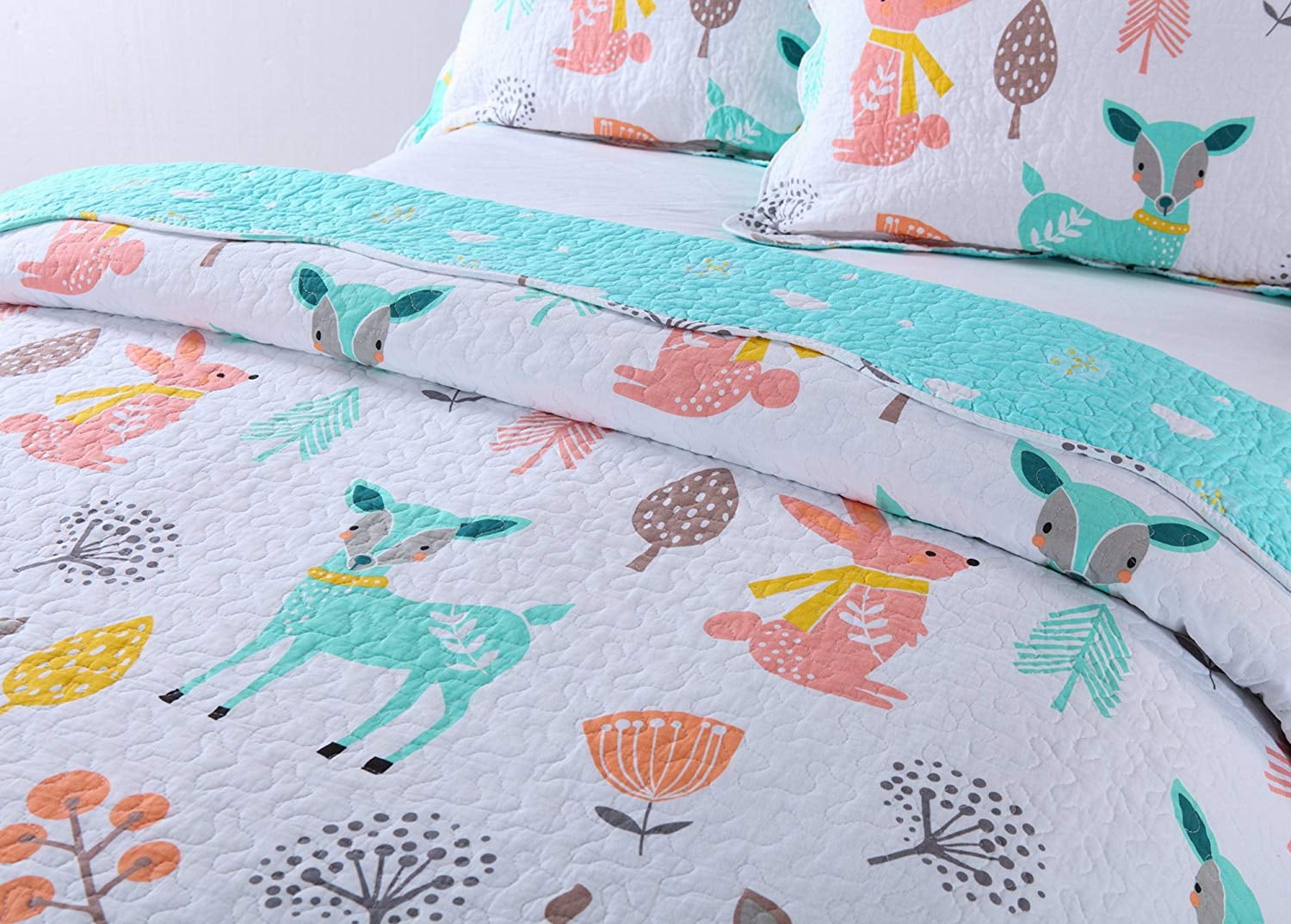 100% Cotton 2 Piece Kids Quilt Bedspread Comforter Set Throw Blanket for Teens Boys Girls Kids Beds Bedding Coverlet Teal Blue Forest Deer