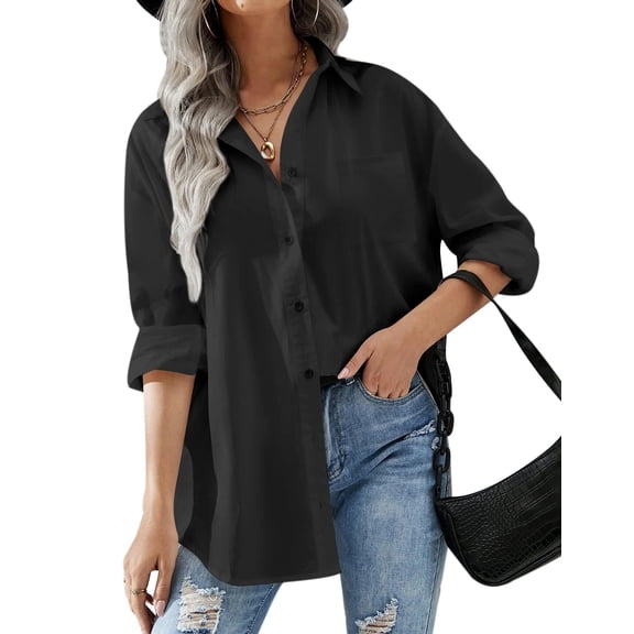 Zeagoo Womens Button Up Shirt Loose Drop Shoulder Blouses Long Sleeve Soft Office Dress Collar Shirt with Pockets