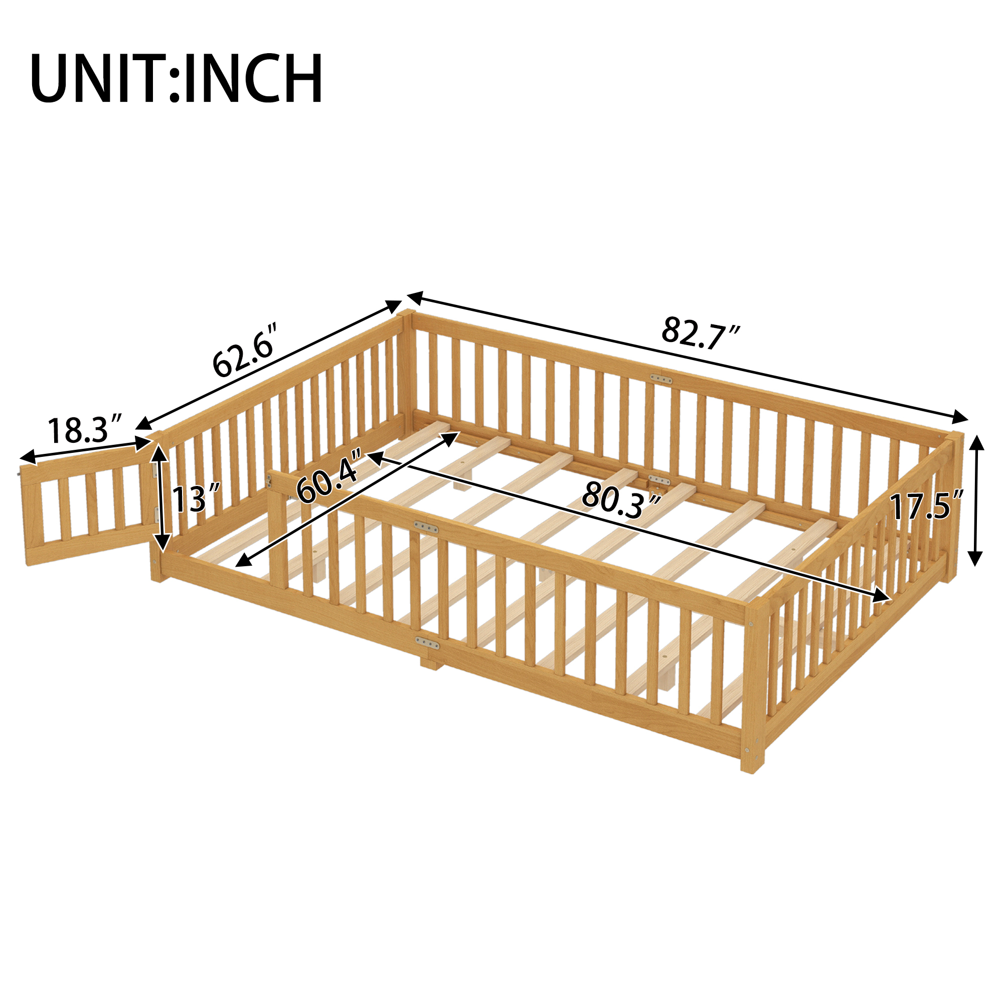 Jopath Queen Size Floor Bed Frame,Montessori Bed with Guardrails and Door,with Slatted Base,for Kids,Boys,Girls,Natural