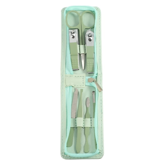 Unique Bargains 1 Set 7 in 1 Manicure Nail Clippers with Zipper Bag Stainless Steel Manicure Pedicure Care Tools Green