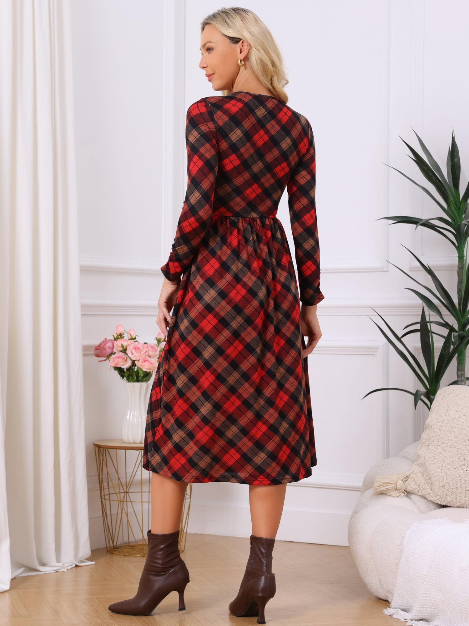 DARING DIVA Women's Plaid Long Sleeve Crew Neck A Line Midi Dress S Red
