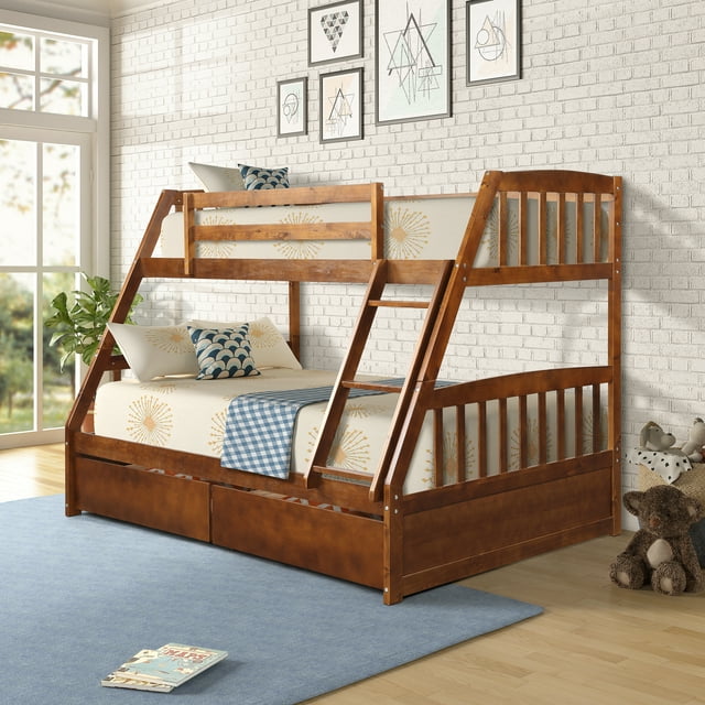 Topcobe Wooden Bunk Beds, Loft Beds for Kids, Platform Bed Frame with Removable Ladder and Guardrails, Walnut