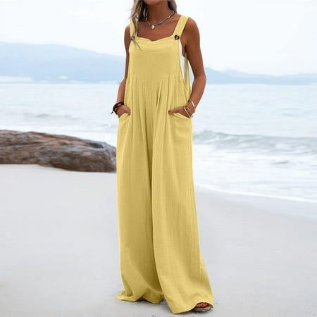 

Women s One Piece Button Up Jumpsuit Casual Loose Sleeveless Rompers With Pockets Yellow XXL