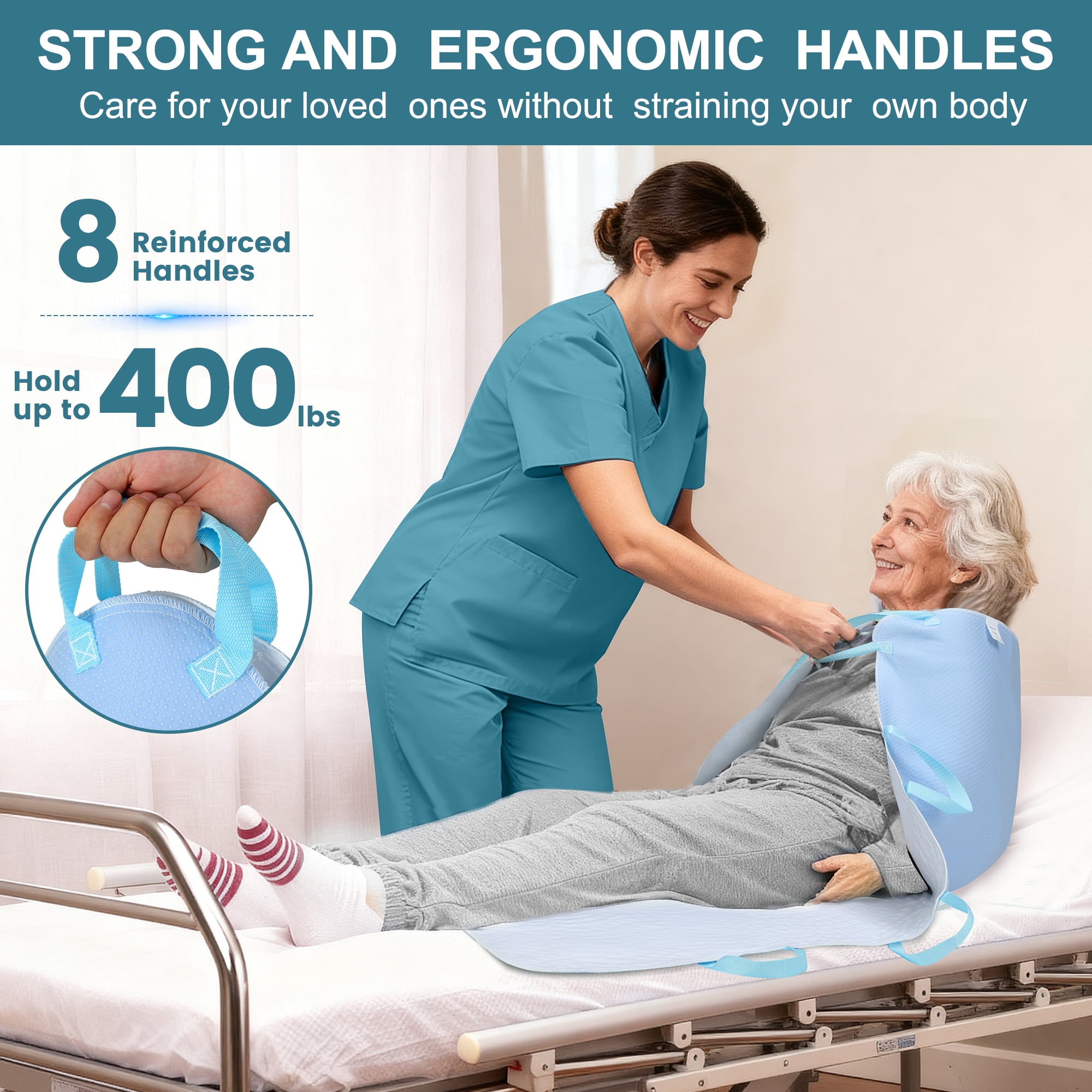 KEKOY 34 x 52" Absorbent Positioning Bed Pad with 8 Handles, Anti-Slip Backing, 2 Pack Waterproof Underpads for Incontinence, Washable & Reusable Transfer Pad