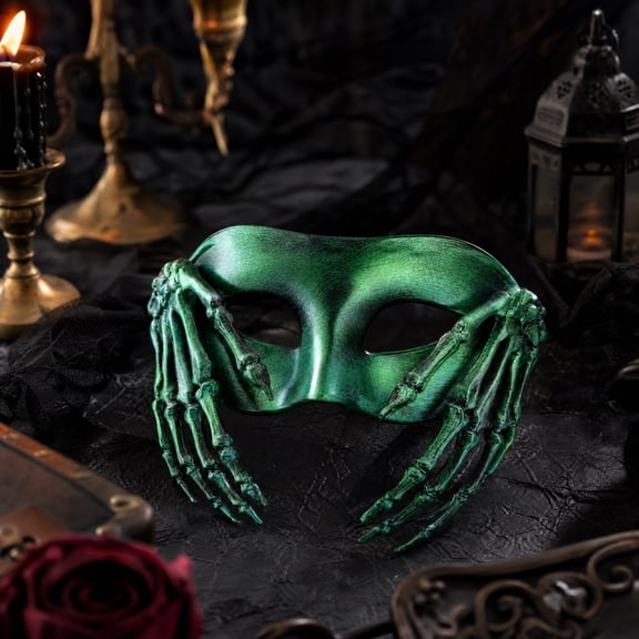 Scary Halloween Mask Green Skeleton Hand Half Masquerade Mask, 7 Inch Mask Accessory for Masquerade Party Spooky Halloween Decor, 1 Pack