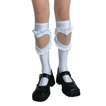 

Women Gothic Hollow Out Love Heart Calf Socks Harajuku Lolita Ruffled Patchwork Solid Color Student Knee High Stockings