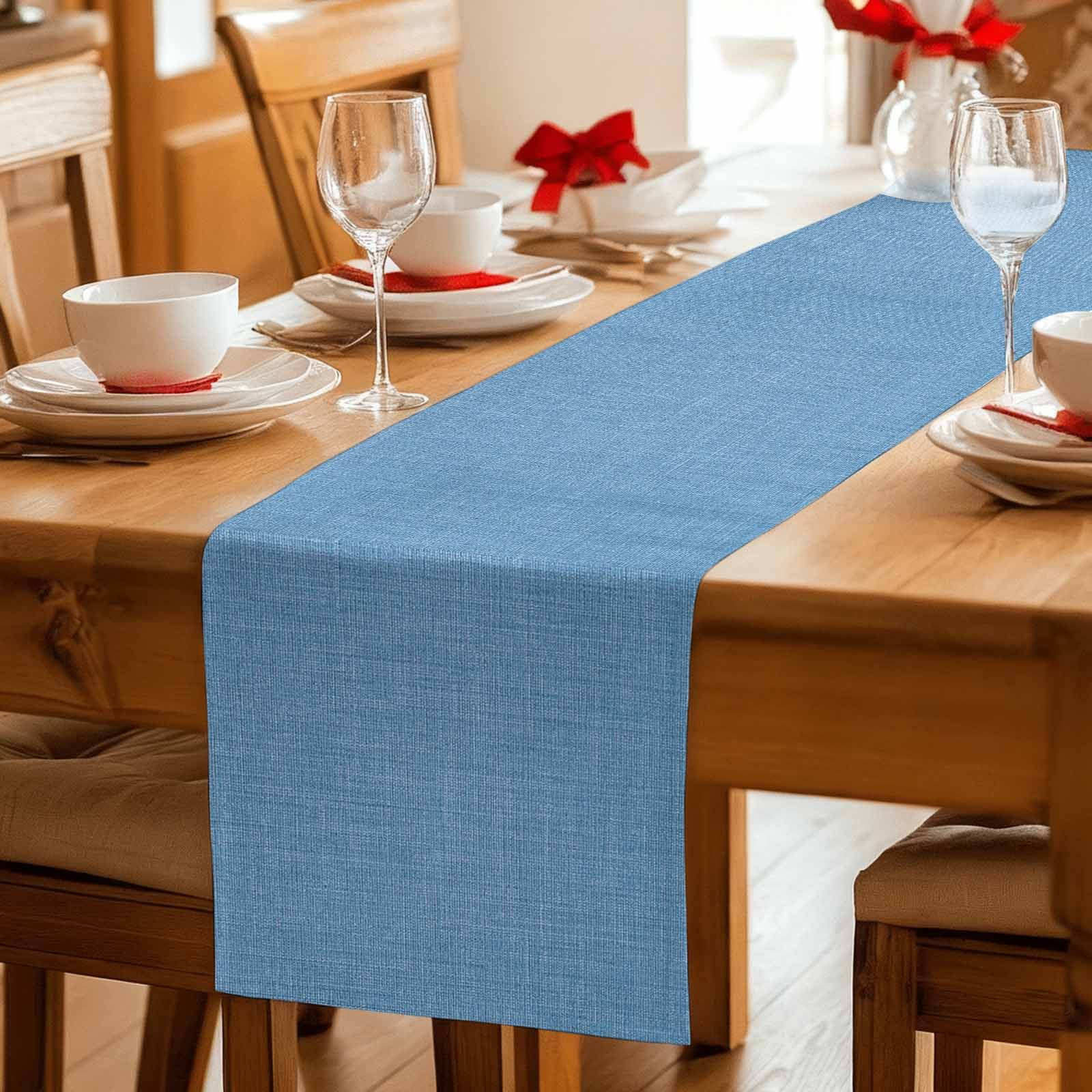 Blue Burlap Texture Table Runner, Farmhouse Vintage Blue Washable Cotton Linen Table Runners 48 Inches Long, Dresser Scarf Runner for Nightstand/Coffee/End Tables 13''x48''