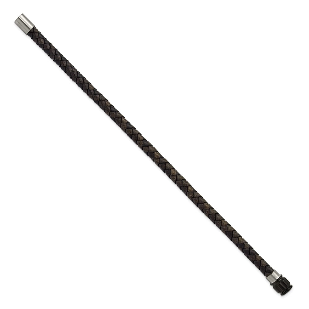Diamond2Deal Stainless Steel Brushed and Polished Black Woven Leather Bracelet for Men 8.5"