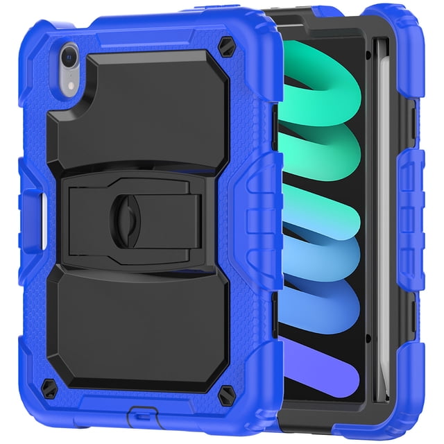 FJLBDE Case for iPad Mini 7 A17 Pro 2024/Mini 6 2021 8.3 Inch 7th/6th Gen, Rugged Shockproof Tablet Cases Cover with Kickstand Shoulder Strap, Blue