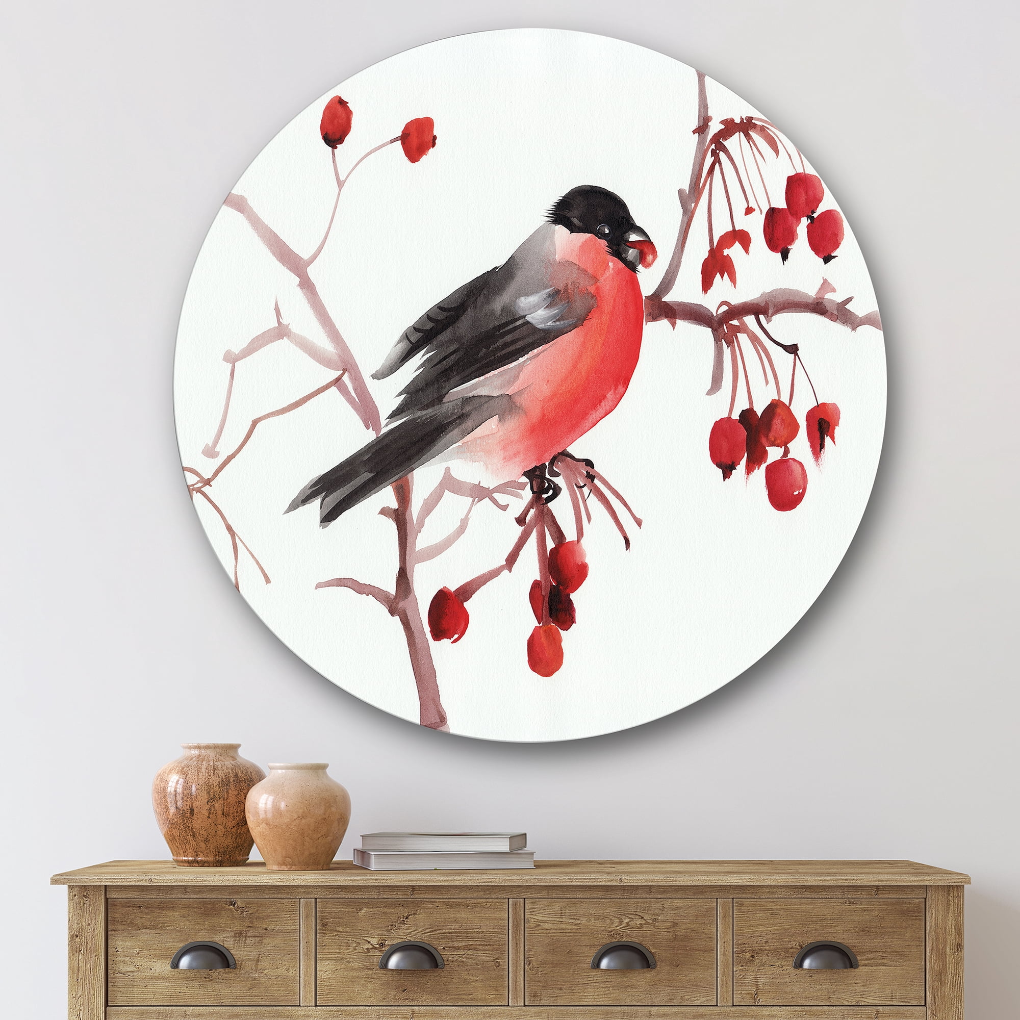 Designart 'Bullfinch Bird Sitting On A Branch' Traditional Circle Metal Wall Art 29x29 - Disc of 29
