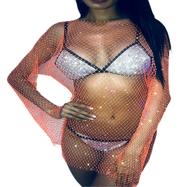 Women‘s See Through Pearl Rhinestone Cover Up Dress Summer Sheer Mesh Bikini Cover Up Beach Bathing Suit Coverups