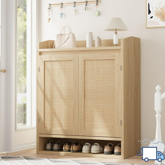 Rattan Shoe Cabinet – 5-Tier Wooden Shoe Storage Organizer with Adjustable Shelves, Closed Dustproof Entryway Rack, Hallway & Bedroom Storage