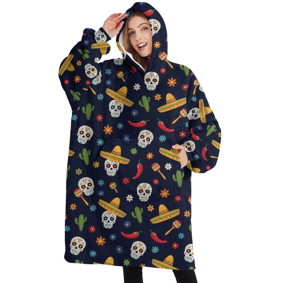 Oversized Wearable Blanket Hoodie,Navy Mexican Skull Pattern Sherpa Blanket Hoodie with Super Pockets,Super Warm Fuzzy Pullover for Women & Men