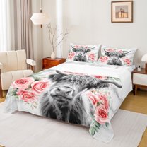 jejeloiu Cute Highland Cow Twin Sheet Sets,Pink Flower Twin Fitted Sheet,Rustic Farmhouse Cabin Flat Sheet,Super Cozy Room Decor,3pcs