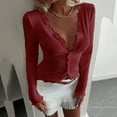 thumbnail image 5 of Lenpel Women's Cropped Cardigans Long Sleeve V Neck Lace Trim Ribbed Knit Slim Button down Shirts Going out Tops(Wine,Medium), 5 of 7