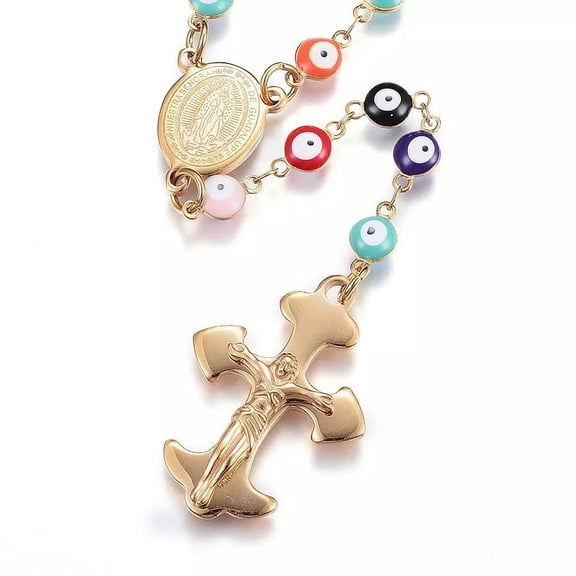 Hmade Rosary Necklace Stainless Enamel Necklace Cross Pendant Gold 25" P36