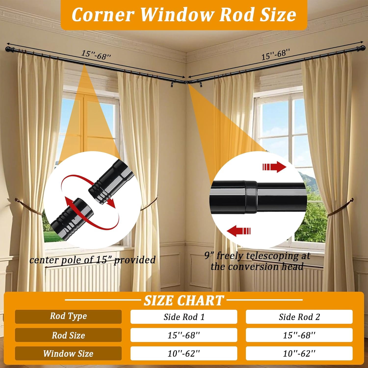 Bay Window Curtain Rods, L Shape Heavy Duty Curved Curtain Rods for Bay Windows with Brackets, 59-184" Adjustable for Bedroom, Living Room, Dinging Room, Black