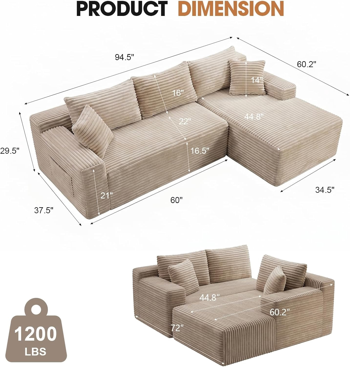 MOONMISS L-Shaped Cloud Sectional Couch with Chaise,Modern Corduroy Upholstered Modular Boneless Sofa,No Assembly for Living Room Apartment(Camel,Right)