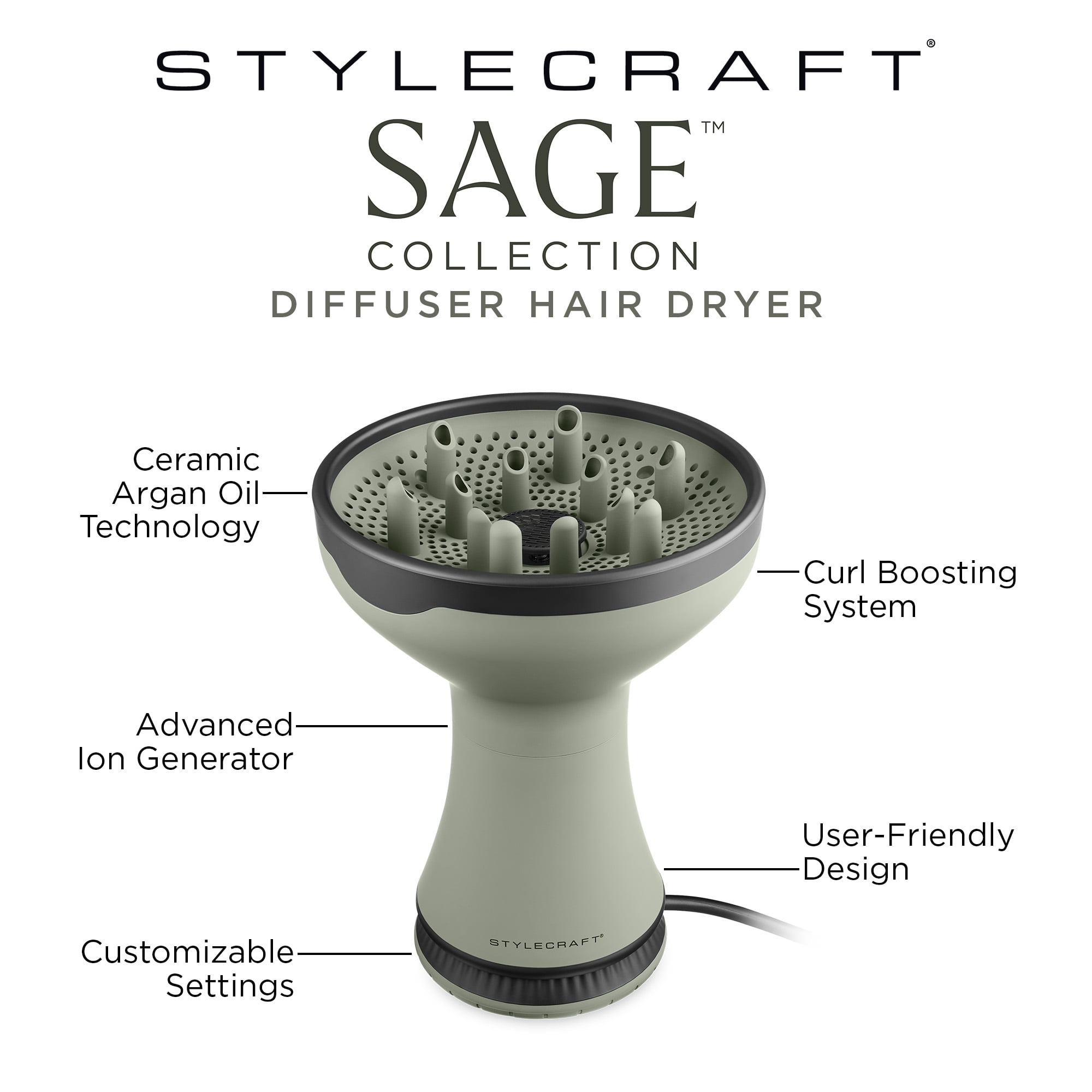 StyleCraft Sage Collection Diffuser Hair Dryer for Curly Hair, Ion Generator for Frizz-Free Curls