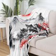 thumbnail image 3 of Japanese Cherry Blossom Blanket, Asian Nature Landscape Throw Blanket, Mountain Cherry Branches Red Sun Ink Painting Soft Warm Flannel Black White Grey Blanket,50X60, 3 of 5