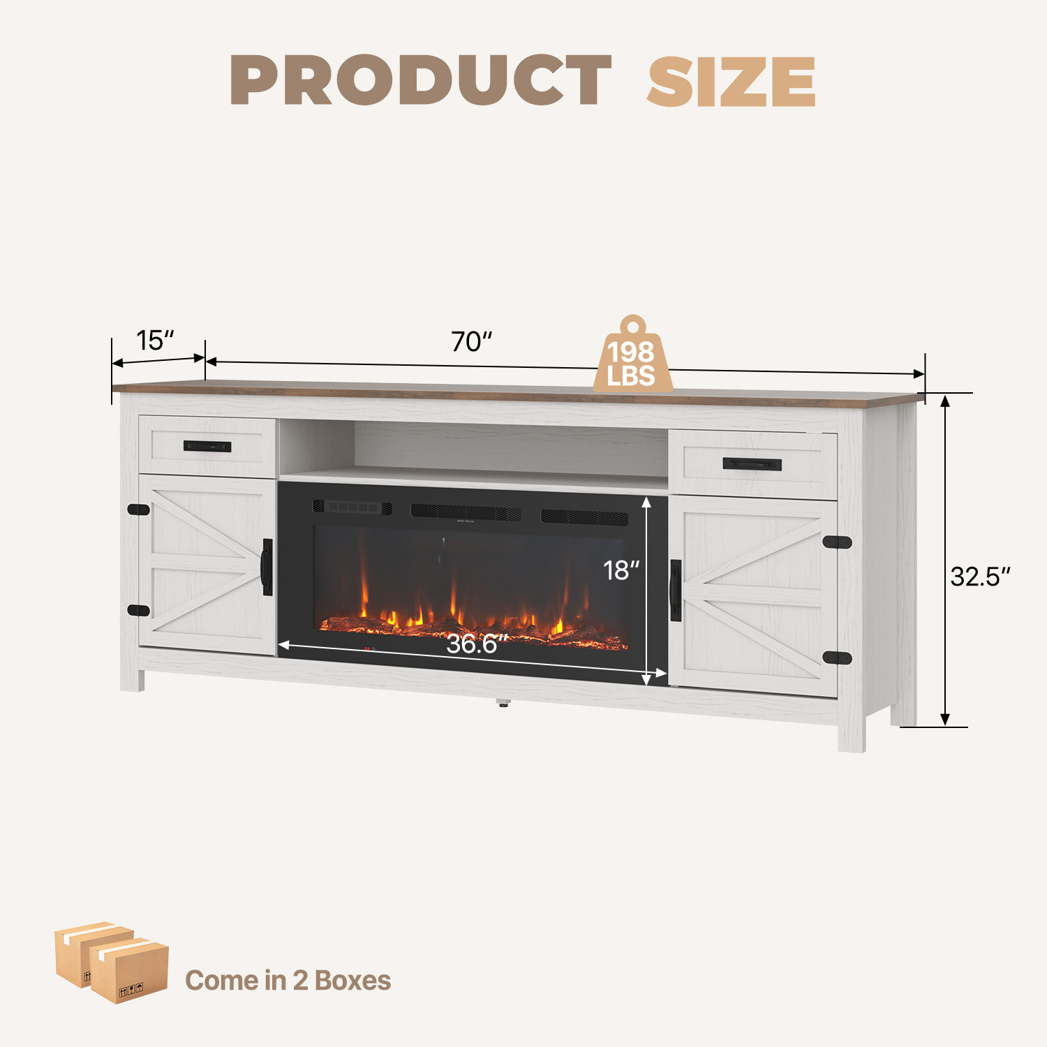 BaPiPro 70" Electric Fireplace TV Stand, Farmhouse Entertainment Center for TVs up to 80" with Storage Drawers, White