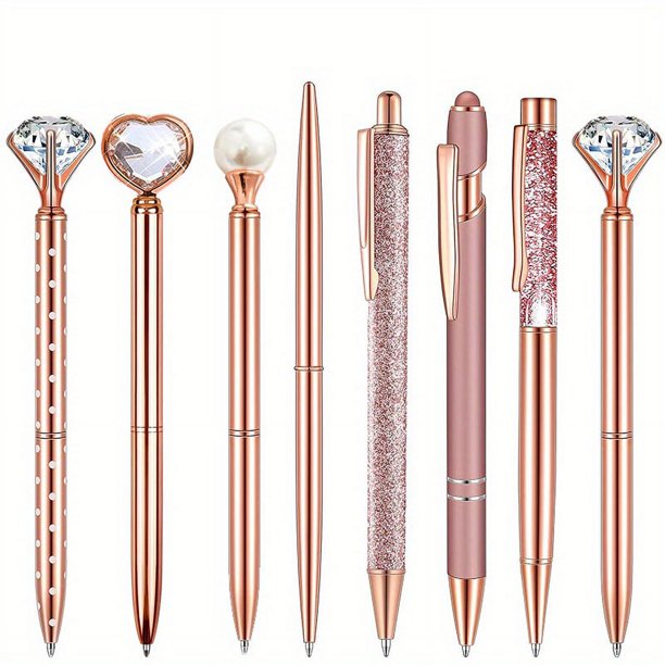 Stylish 8-Piece Rose Gold Ballpoint Pen Set with Quicksand Glitter and Artificial Diamondoid - Perfect Gift for Girls!