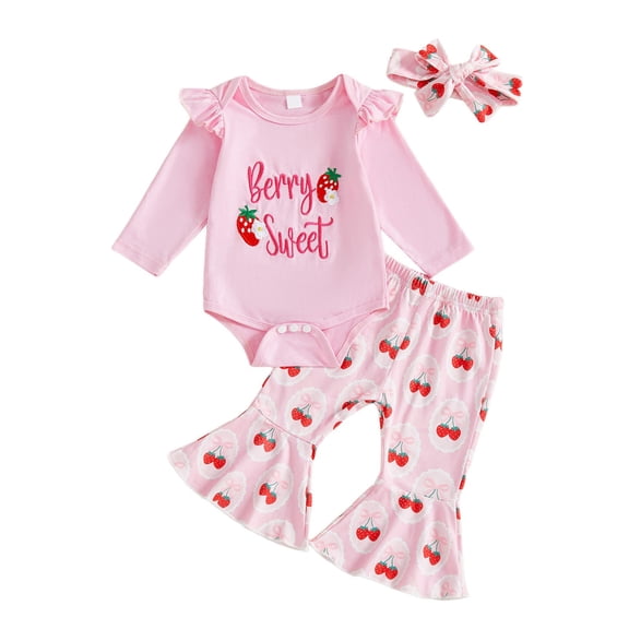 WUANDIXFA Baby Girl First Birthday Outfit Long Sleeve Berry Sweet Romper Strawberry Flare Pants Bow Cake Smash Fall Clothes (Pink, 6-12 Months)