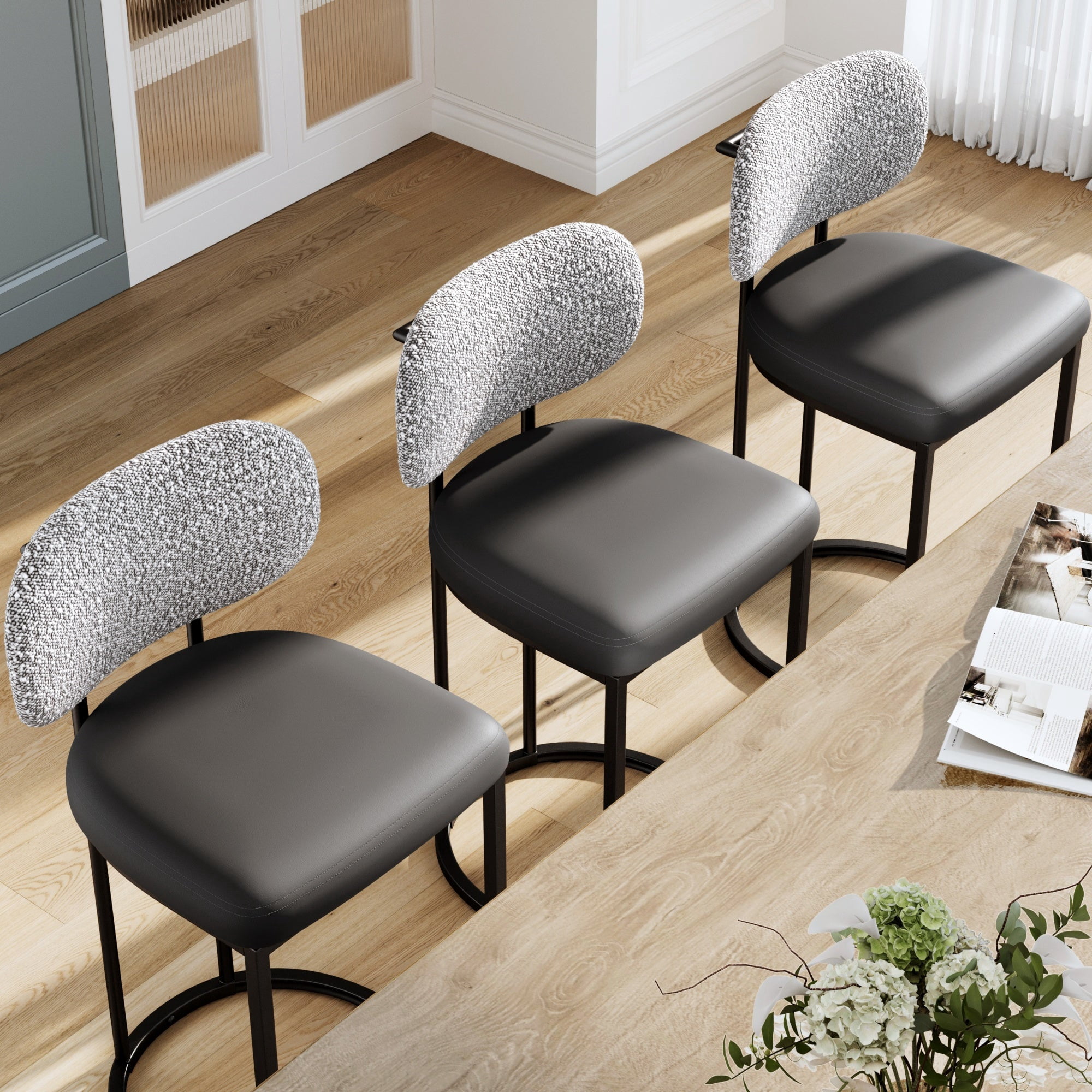 MF Studio Counter Height Bar Stool with Back Set of 3, 24.8" Modern PU Upholstered Bar Chair with Large Chenille Back and Metal Frame, Gray