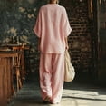 thumbnail image 5 of Cotton Linen Sets for Women 2 Piece Batwing Sleeve V Neck Shirts and Wide Leg Pants Set Casual Outfit,Pink XXL, 5 of 5