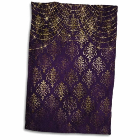 Faux Sparkles - 3dRose Pretty Faux Gold Damask On Purple With Sparkle String Lights - Towel, 15 by 22-inch