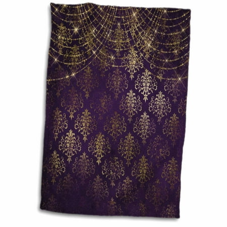 3dRose Pretty Faux Gold Damask On Purple With Sparkle String Lights - Towel, 15 by (Best Of Pretty Lights)