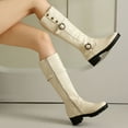 thumbnail image 4 of Rokment Platform Knee High Motorcycle Riding Boots for Women Vintage Fashion Studded Buckles Leather Chunky Mid Heel Wide Calf Long Tall Dress Combat Boots Beige Size 6, 4 of 6