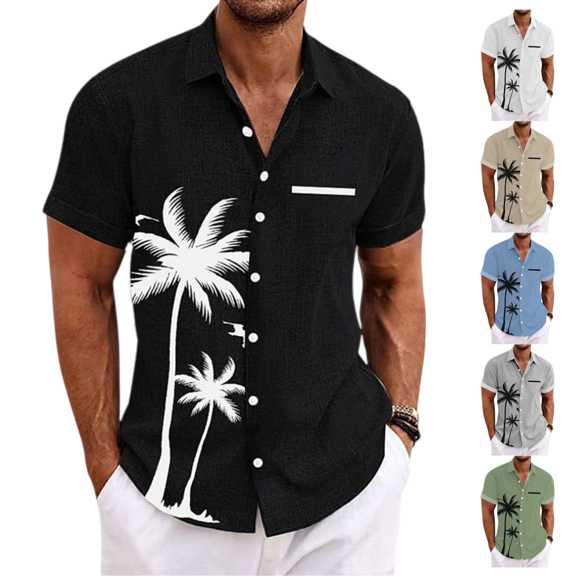 LRGSHF Men's Button Down Short Sleeve Shirts Palm Tree Tops Summer Basic Comfortable Tropical Beach Blouse with Chest Pocket Lightweight Breathable Vacation Shirt