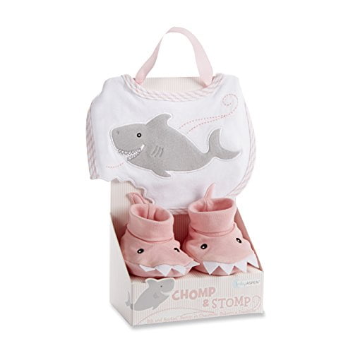 Baby Aspen Chomp and Stomp Shark Bib and Booties Gift Set, Pink