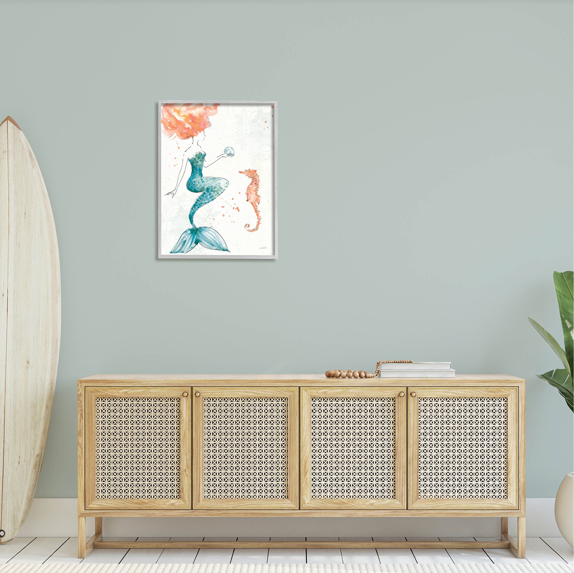 Stupell Industries Mermaid and Ocean Seahorse Graphic Art Gray Framed Art Print Wall Art, Design by Anne Tavoletti