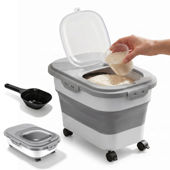 Collapsible Pet Food Storage Container with Airtight Locking Lid, Rolling Casters & Scoop, 20-23 Lbs Large Capacity for Dry Food, Rice, Flour