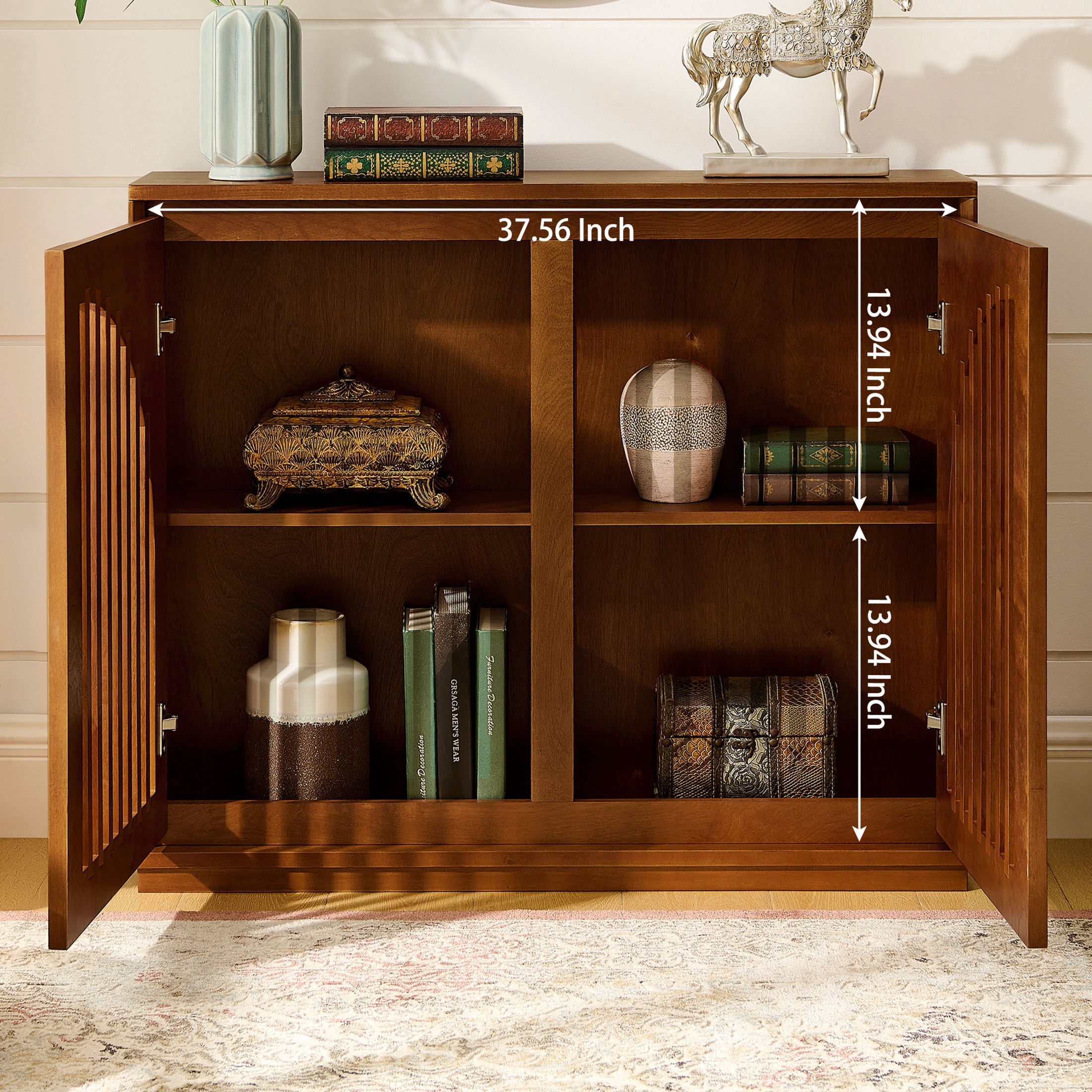 GDF Studio 39" Mid Century Modern Fluted Sideboard Cabinet with 2 Outlet Holes, Walnut