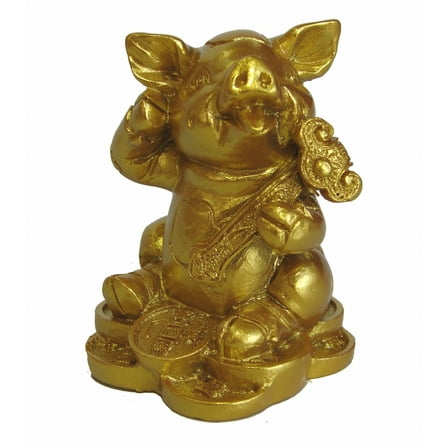 Small Golden Pig Statue Holding RuYi for Lunar Year of Pig