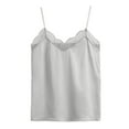 thumbnail image 4 of Wuxian Solid Color V Neck Tank Tops For Women Spaghetti Strap Lace Trim Silk Satin Summer Sleeveless Camisole Loose Fit Shirt Dailywear,Grey,M, 4 of 4