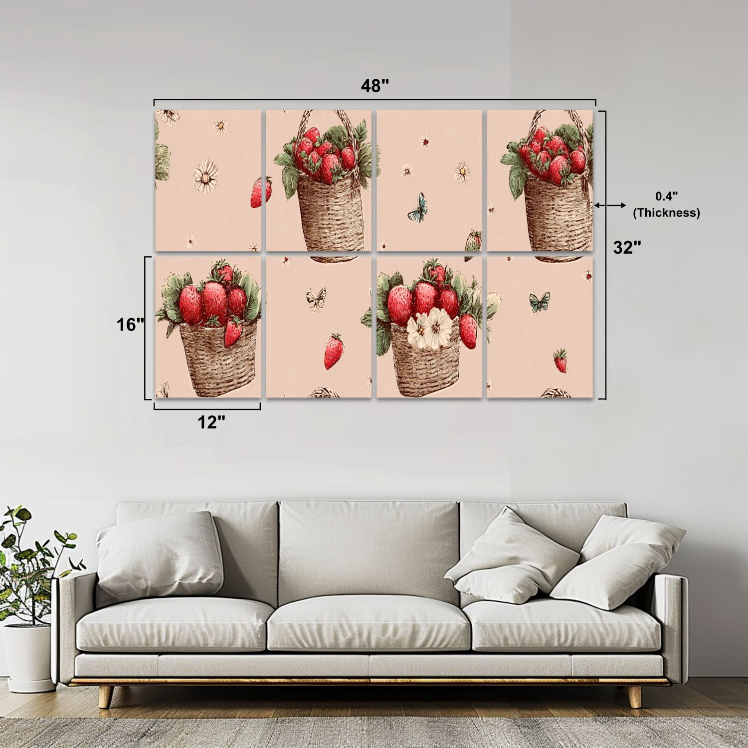 8 Pack Art Acoustic Panels Sound Absorbing Strawberry Baskets Flowers Butterflies Seamless Beige Decorative Soundproof Wall Panels Self Adhesive for Nursery Game Room Bedroom 48"x32"