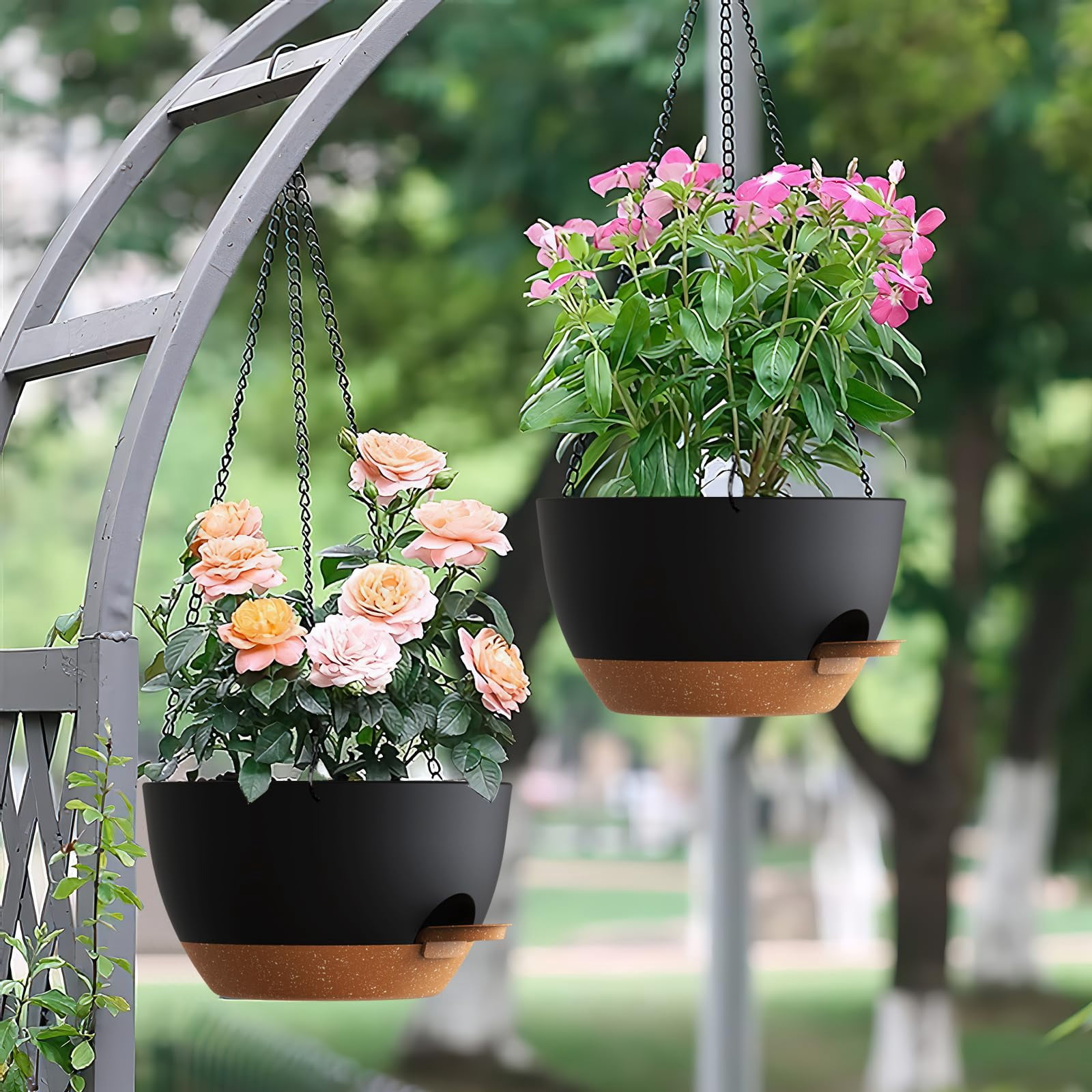 Set Of 3-10 Inch Self Watering Hanging Planters For Indoor Outdoor Plant Pots With Drainage & Removable Tray  Holder Ivy Pothos Ferns Balcony Patio Black Brown