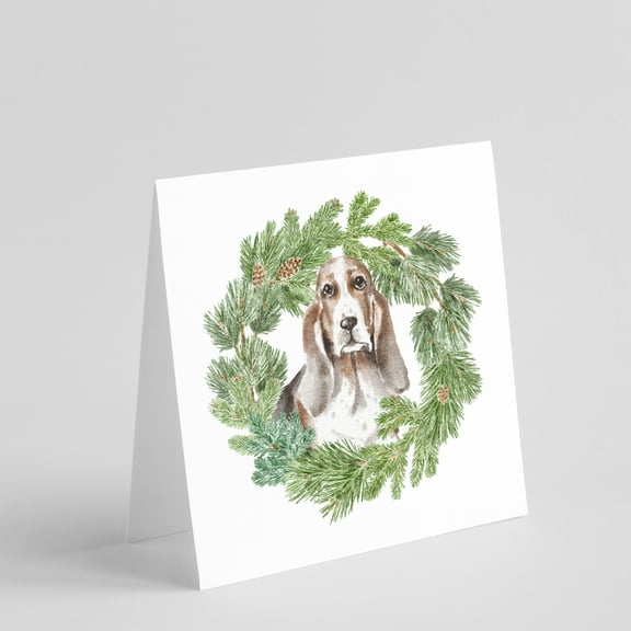 Basset Hound Tricolor with Christmas Wreath Square Greeting Cards and Envelopes Pack of 8 5 in x 5 in