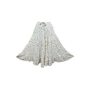 Mogul Women's Tiered Maxi Skirt Off-White Printed Summer Boho Style Long Skirts