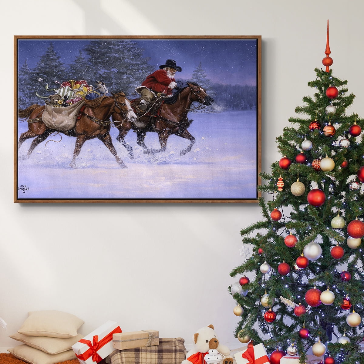 Christmas Rush - Framed Gallery Wrapped Holiday Canvas - 17 x 25 - Rosewood Frame