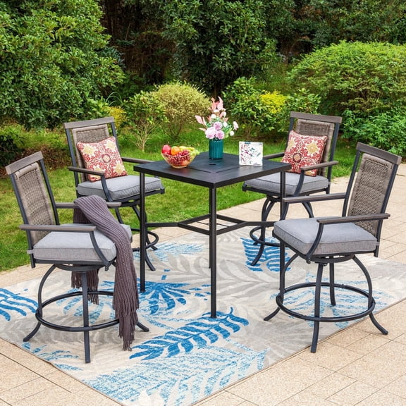 SUMMIT LIVING 5-Piece Outdoor Bar Stool Set with High-Back Wicker Cushioned Swivel Chairs & Counter Height Pub Dining Table, Black & Gray